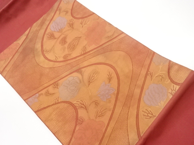 曲線に子持ち菱・花唐草模様織出し名古屋帯